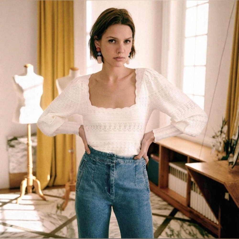 Sezane White Knit Square-Neck Sweater